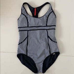 Black and white striped bathing suit